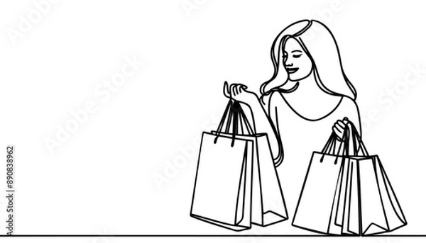 Fototapeta Continuous one line drawing of a woman holding paper bags after shopping