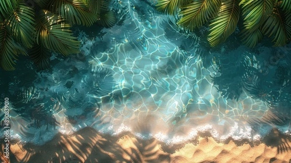 Fototapeta Top view of tropical leaf shadow on water surface. Shadow of palm leaves on white sand beach. Beautiful abstract background concept banner for summer vacation at the beach,goldern hours golden sand