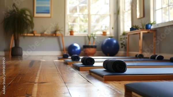 Fototapeta Bright meditation studio with large windows, cushions, and plants.