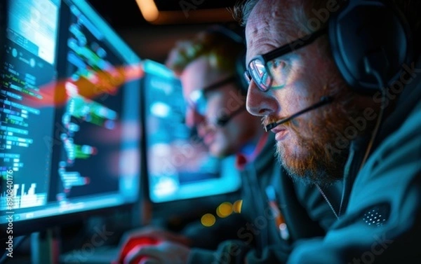 Obraz A software developer, wearing glasses and headphones, intently focuses on the code displayed on a computer screen