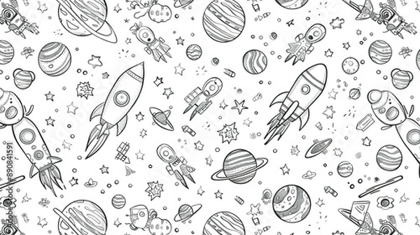 Obraz Hand-Drawn Black And White Space Illustration With Rockets, Planets, And Stars