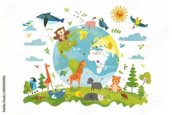 Fototapeta A whimsical illustration of planet Earth with smiling animals and birds living harmoniously in their natural habitats. 