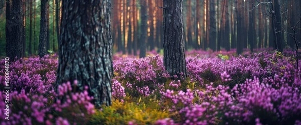 Fototapeta A pine forest with purple heather flowers growing in the ground Generative AI