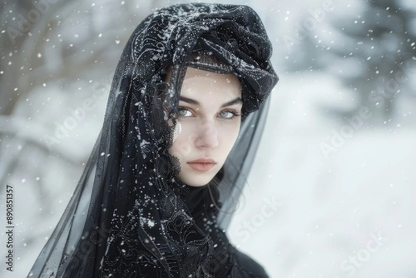 Fototapeta A woman wrapped in a black veil stands in the snowy environment, possibly mourning or in a state of grief