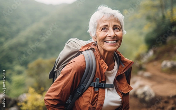 Fototapeta Elderly Woman Hiking in Mountains
