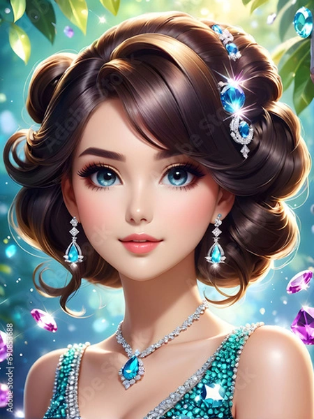 Obraz Generative illustration poster of a young beautiful girl. Shiny gems with a beautiful hairstyle in beautiful cute on a beautiful background