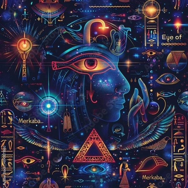 Fototapeta background adorned with mystical symbols such as the "Eye of Ra" and "Merkaba."