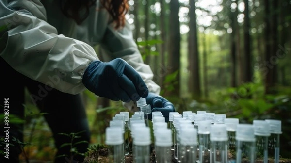 Fototapeta A scientist wearing protective gloves and gear collects samples from vials in a dense forest, focusing on the precision of the task at hand.