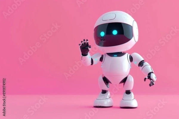Fototapeta White Robot Waving on Pink Background