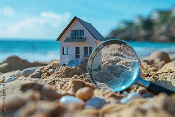 Obraz House model and magnifying glass on sand by sea or ocean. Searching home for vacation, rental or buying overseas property on sea coast. Choice of location for construction, mortgage. Generative AI