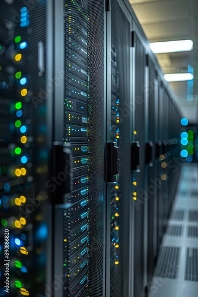 Fototapeta A row of servers in a server room. Perfect for technology and data center concepts, Generative AI