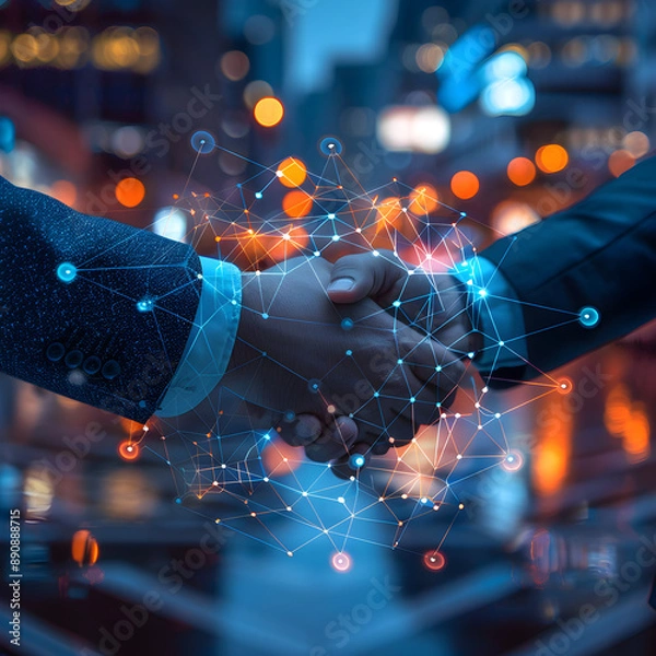 Obraz Capture the essence of networking and partnership with a dynamic image of two professionals shaking hands amidst a vibrant urban backdrop, enhanced by a digital overlay symbolizing connection.