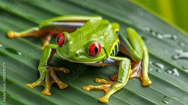 Fototapeta Detailed shot of a frog on a textured leaf, its skin vivid green with bright red eyes