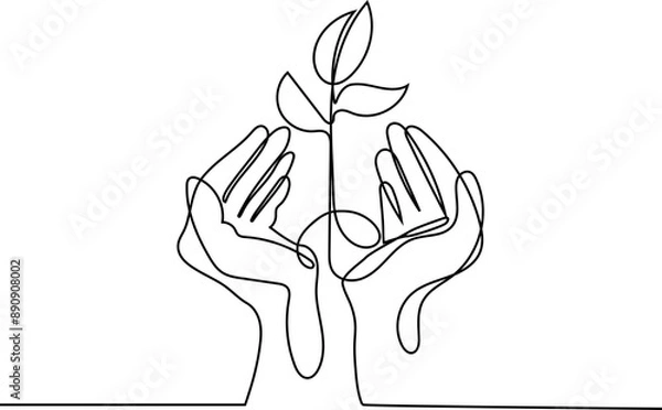 Obraz Hands hold leaves branch continuous line drawing. Plant in human arms one line art. Vector illustration isolated on white