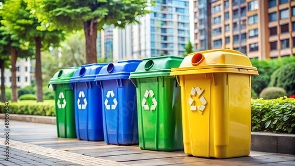 Fototapeta Row of colorful plastic recycling bins standing on sidewalk in park