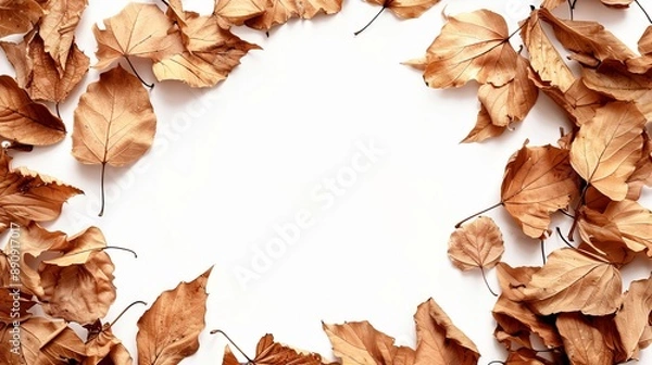 Fototapeta A beautiful frame made of scattered autumn leaves, providing an elegantly rustic border with ample white space in the center, perfect for text or other content.