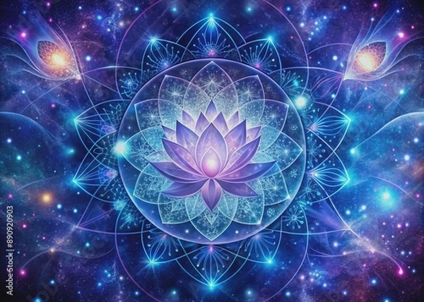 Fototapeta Vibrant mandala-inspired galaxy swirls in deep blues and purples, surrounded by subtle lotus flowers and sacred geometry patterns, evoking spiritual awakening and cosmic unity.