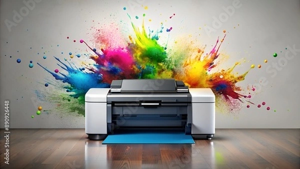 Obraz Professional digital printer exploding with vibrant colored ink powder on a white wall.