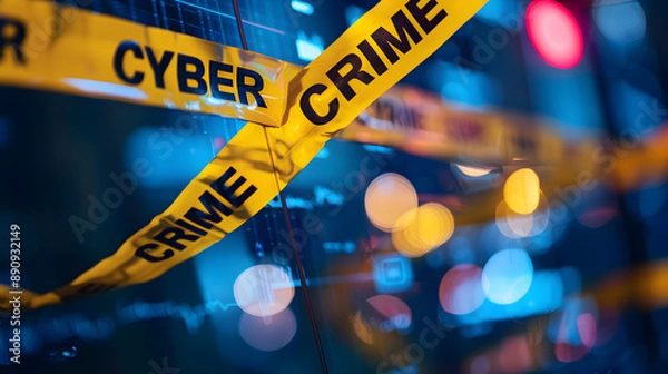 Obraz Prominent yellow crime scene tape emblazoned with the words "CYBER CRIME" repeatedly crosses over a blurred background