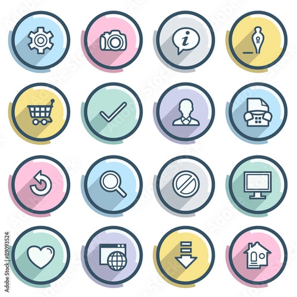 Fototapeta Basic contour icons on color buttons. Flat design.