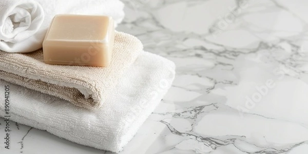 Obraz 大理石の表面に置かれた石鹸とタオルとコピースペース