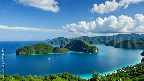 Fototapeta Lush green islands surrounded by a turquoise lagoon with a bright blue sky and fluffy clouds.