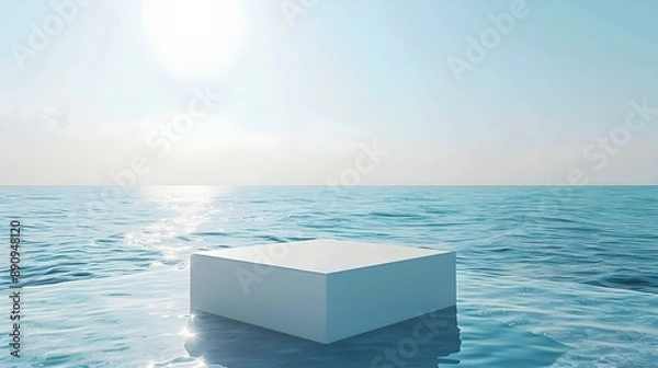 Fototapeta White cube podium floating above the ocean