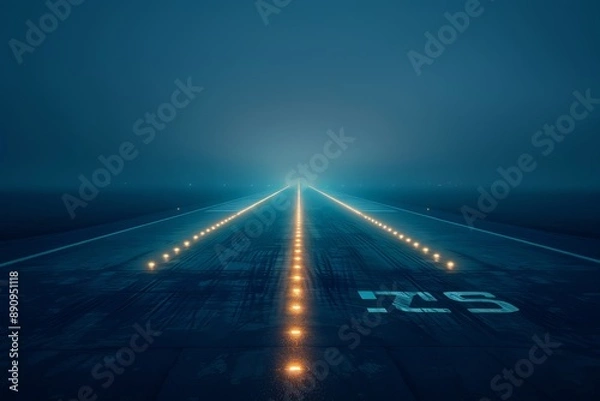 Fototapeta Misty runway with illuminated lights during night, leading into the foggy distance, creating a mysterious and atmospheric aviation scene.