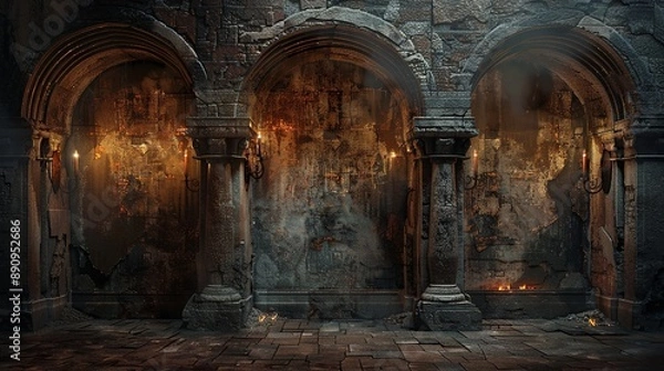 Obraz Ancient classic architecture with arches, wall from stone bricks and burning torches