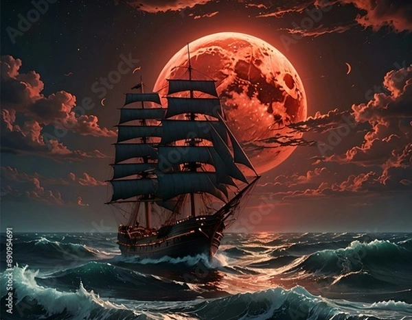 Fototapeta a sailboat in the night sky with a red moon