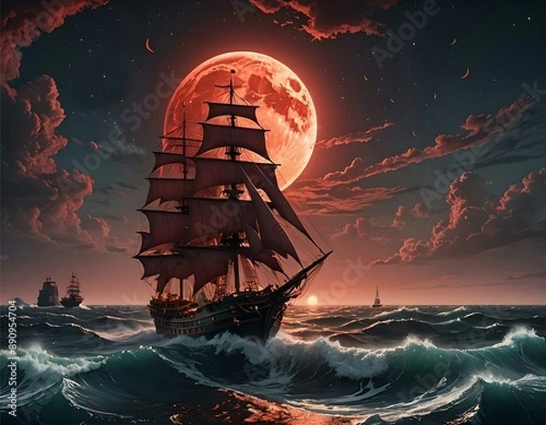 Fototapeta a red moon an a sailboat