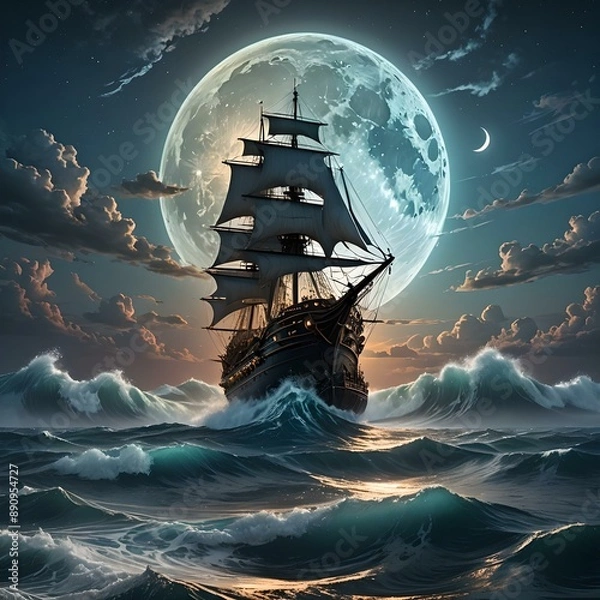 Fototapeta a sailboat in the moonlight