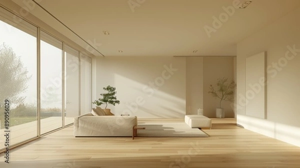 Fototapeta A photo of a minimalist living room with a light-colored wood floor that creates a sense of openness and space