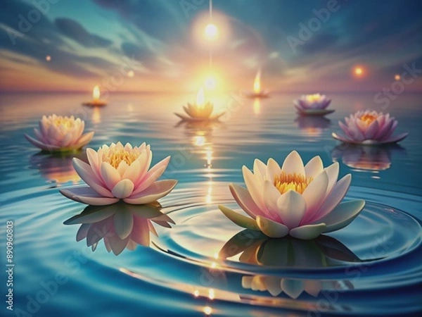 Fototapeta Soothing digital background with gentle water ripples, calming candles, and subtle lotus flowers, guiding users towards mindfulness and inner peace through serene virtual meditation.