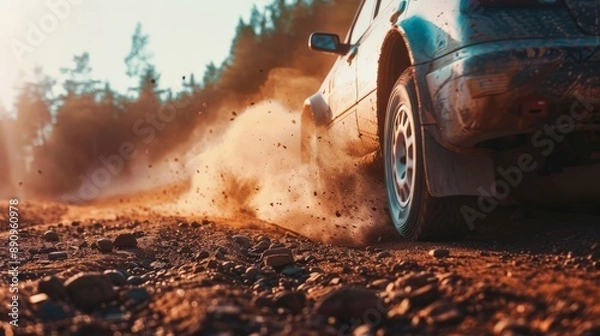 Fototapeta Rally car kicking up dust on a rugged dirt track in the countryside