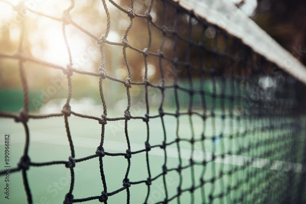 Fototapeta Outdoor, court and net with material in tennis for sports match, competition and stadium activity. Sunset, practice and nature with fiber mesh of equipment for summer, game and tournament in Paris
