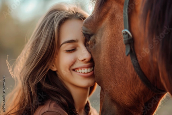 Fototapeta Close-up of a woman smiling and petting a horse in soft light. Happy woman with her horse under soft sunlight and blurred background.