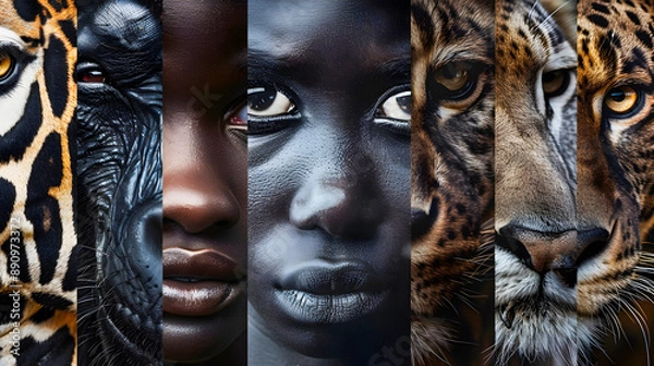 Fototapeta Visually Striking and Compelling Animal Hybrid Portrait of a Fierce Intense Predator with a Piercing Powerful Gaze   Blending the Faces of Different African Animals into a Captivating