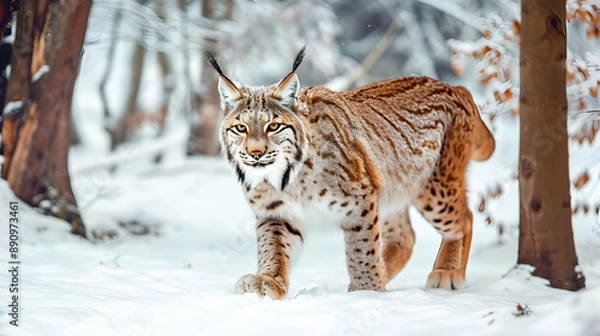 Fototapeta Powerful and alert Eurasian lynx cautiously walking through a snowy winter forest scene