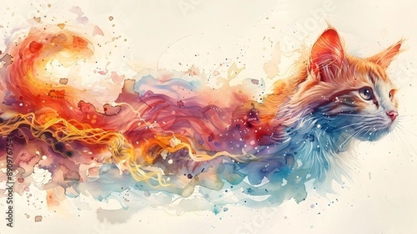 Fototapeta Watercolor Cat with Colorful Abstract Background.