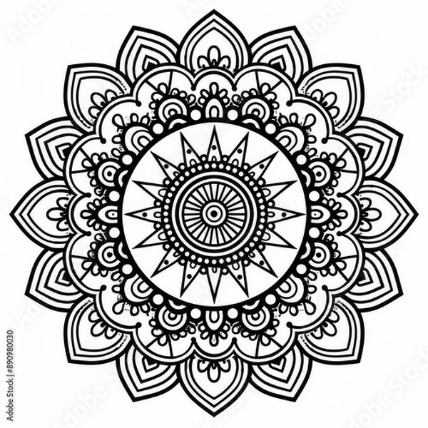 Fototapeta Black line mandala with symmetrical floral motifs and fine details on white