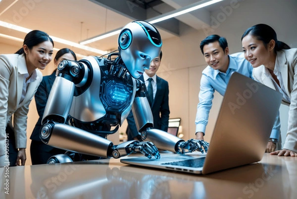 Obraz People in office looking at humanoid robot while he is performing tasks and working on laptop computer, advanced AI of sophisticated technology replacing human work, automation of tasks in workplace