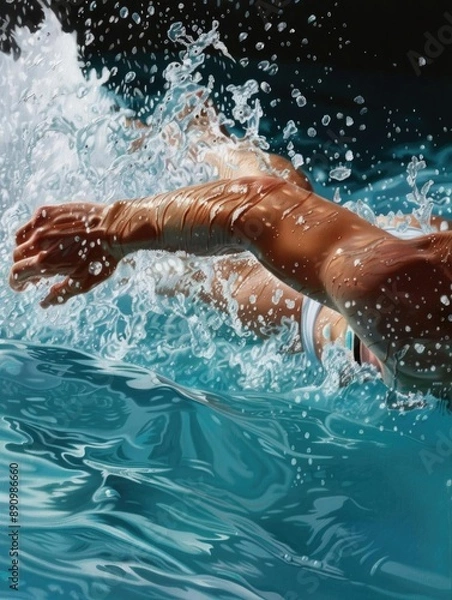 Fototapeta Close-up shot of a swimmer's arm cutting through the water, highlighting athletic motion and splashes in a pool.