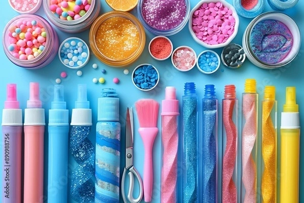 Obraz Colorful Glitter Slime Supplies On Blue Background