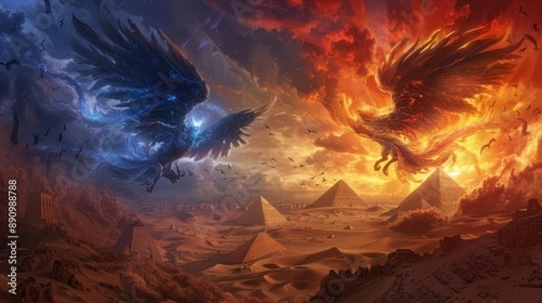 Fototapeta Celestial beings of dawn and dusk locked in a timeless duel amidst a landscape of shifting sands and ancient pyramids.