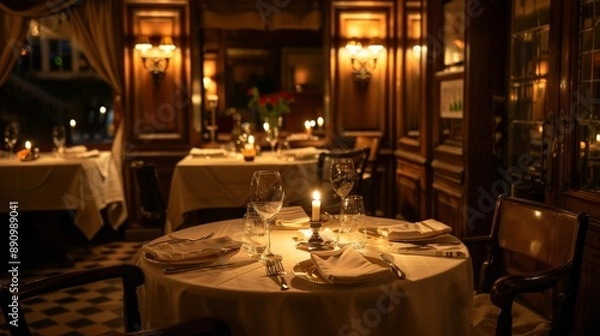 Obraz Romantic table for two at a high-end restaurant with dim lighting and elegant decor