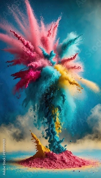 Fototapeta mesmerizing explosion of colorful powder on a brilliant cerulean blue background