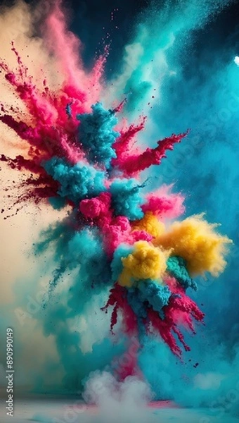 Fototapeta mesmerizing explosion of colorful powder on a brilliant cerulean blue background