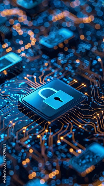 Fototapeta Digital data security related futuristic technological background with a padlock icon on pcb circuit board  