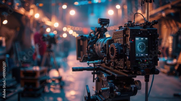 Fototapeta High-end professional camera on a tripod in a dimly lit studio with a bokeh background, capturing video production ambiance.